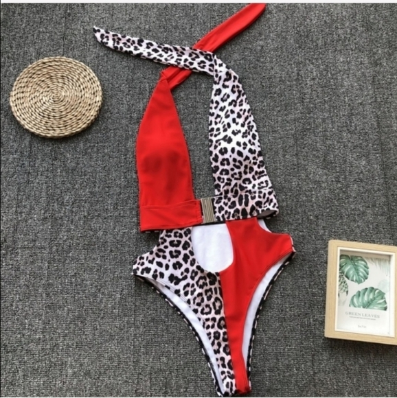 Red & Leopard Print Swimsuit - Picture 2 of 8